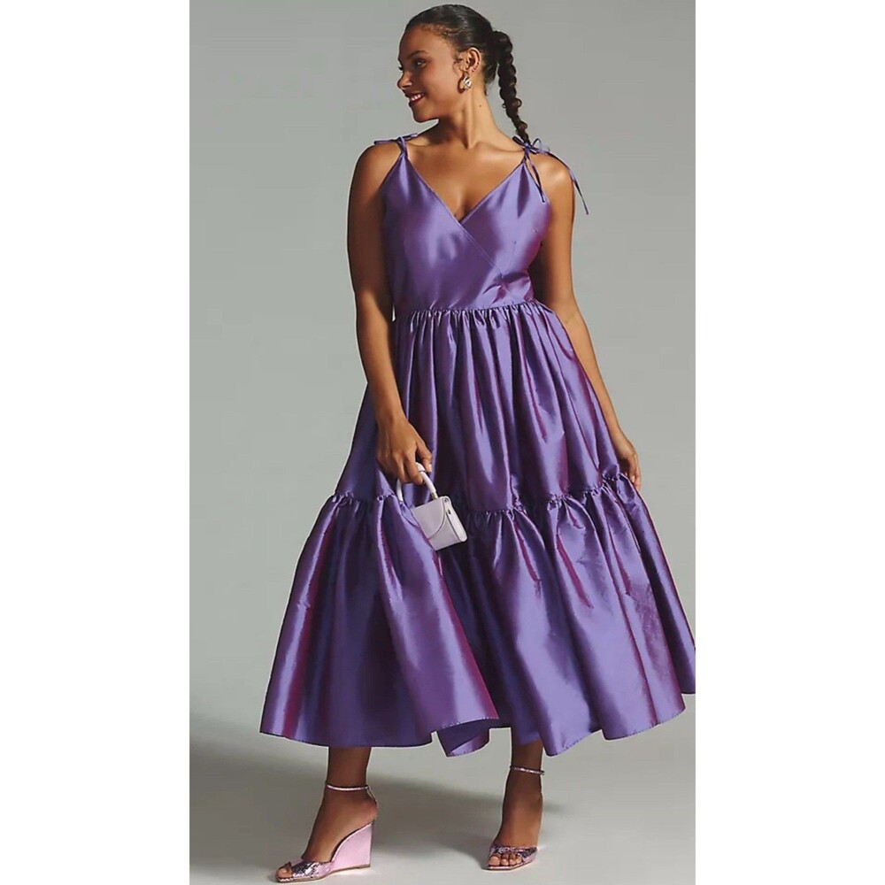 Anthropologie Bloni Midi Dress Purple Layered Shine Preppy Wedding Size XXS New